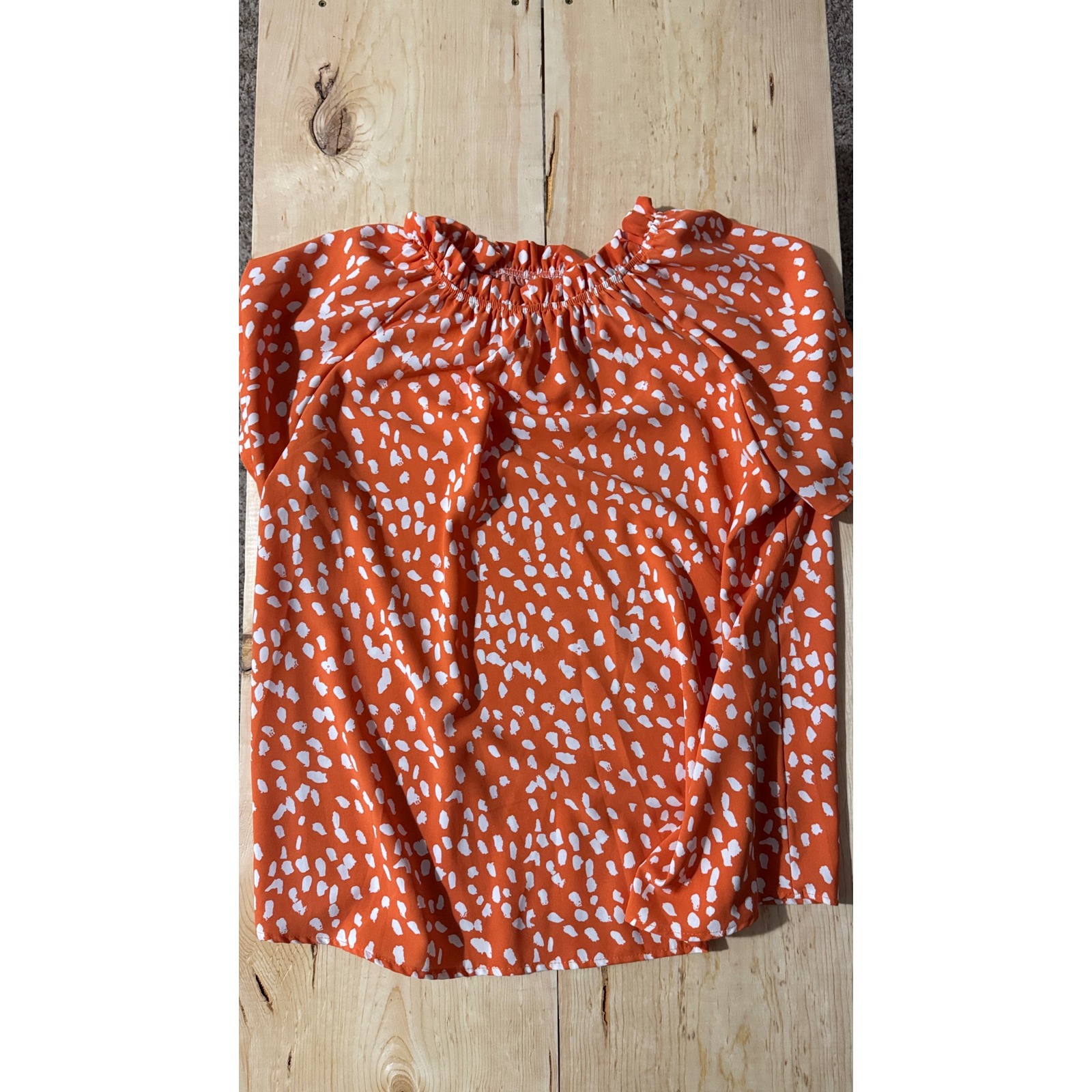 Orange White Abstract Dot Print Smocked Neck Short Sleeve Blouse Top Xl